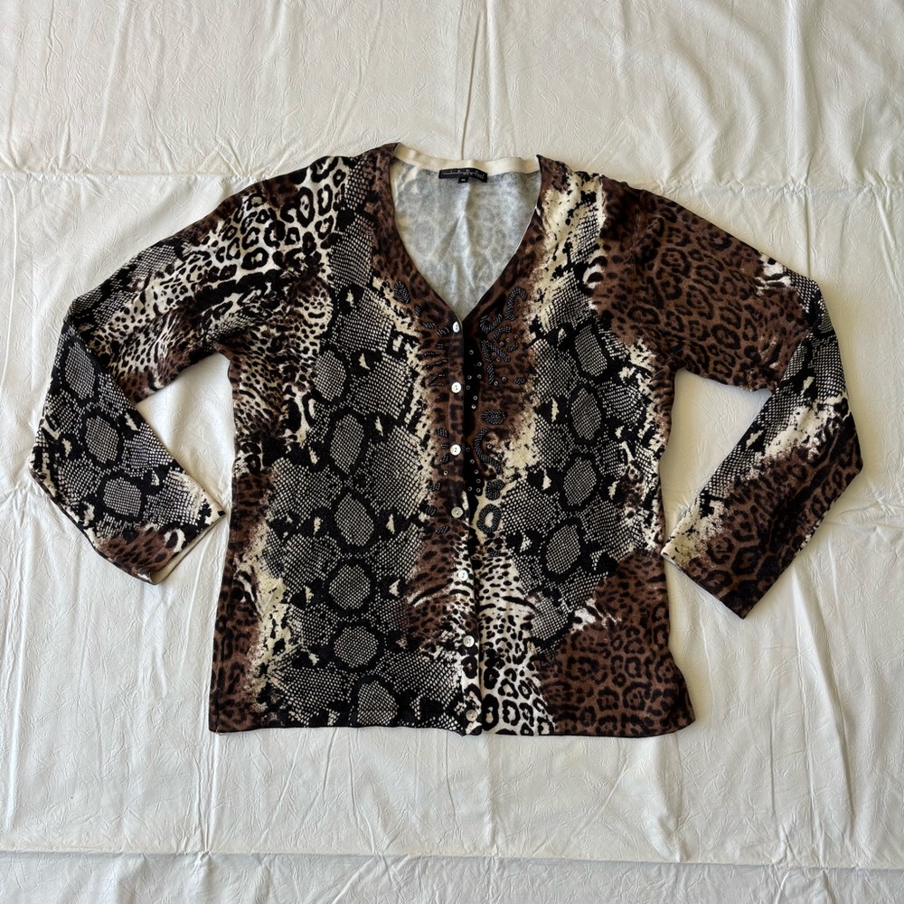 Y2K Womens Pierre New York Snake Skin Cheetah Pattern with beads siz XL Sweater